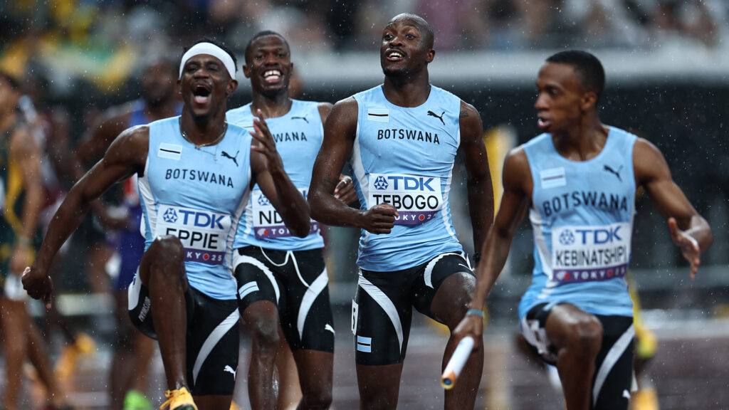 Botswana’s 4x400m men’s relay team — Eppie, Ndori, Tebogo, and Kebinatshipi — celebrating joyfully after winning gold at the 2025 World Athletics Championships in Tokyo.
