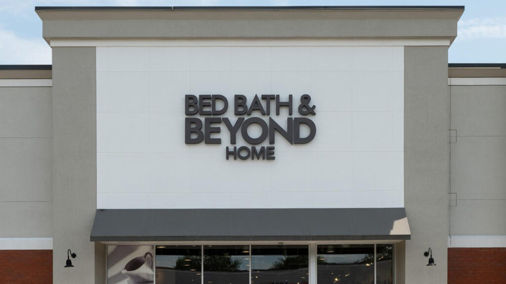 Front view of a Bed Bath & Beyond Home retail store with a clean, minimalist exterior.