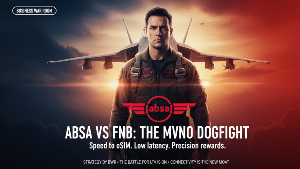 Cinematic poster of a pilot standing before a jet under a split blue-and-red sky with the headline “ABSA vs FNB: The MVNO Dogfight” and a winged ABSA badge.
