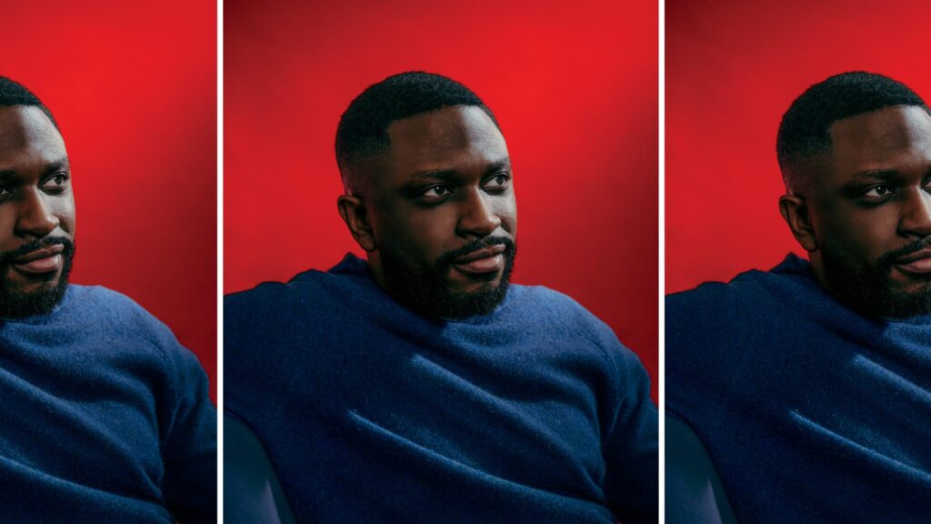Triptych showing Tade Oyerinde in a blue sweater on a bright red studio background, seated and looking slightly off-camera.