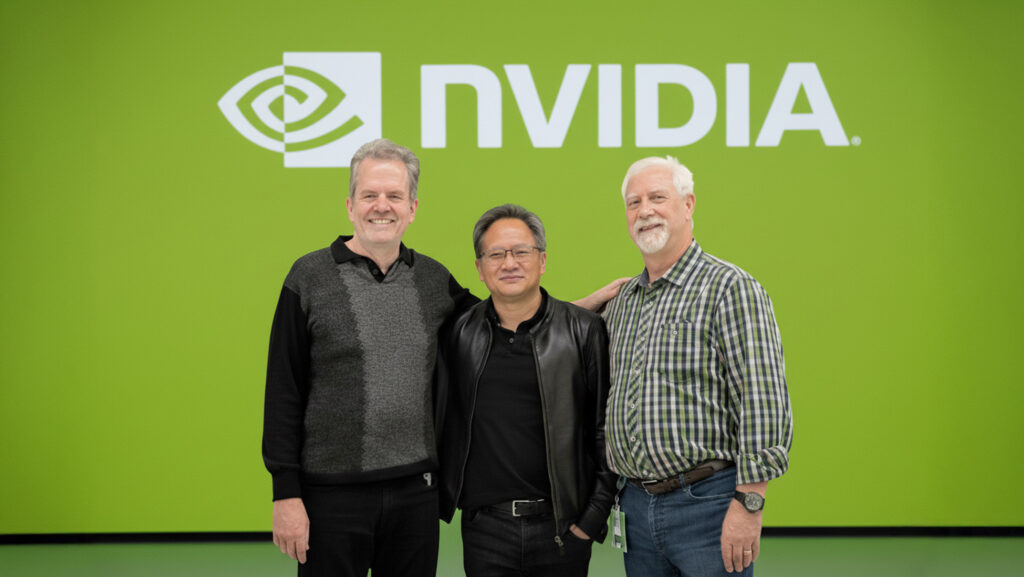 NVIDIA founders Jensen Huang, Chris Malachowsky, and Curtis Priem standing together in front of the NVIDIA logo on a green background.