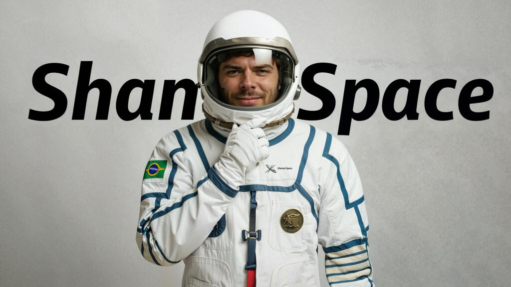 Gilberto Damasceno Jr. wearing a space suit in front of the Shamal Space logo