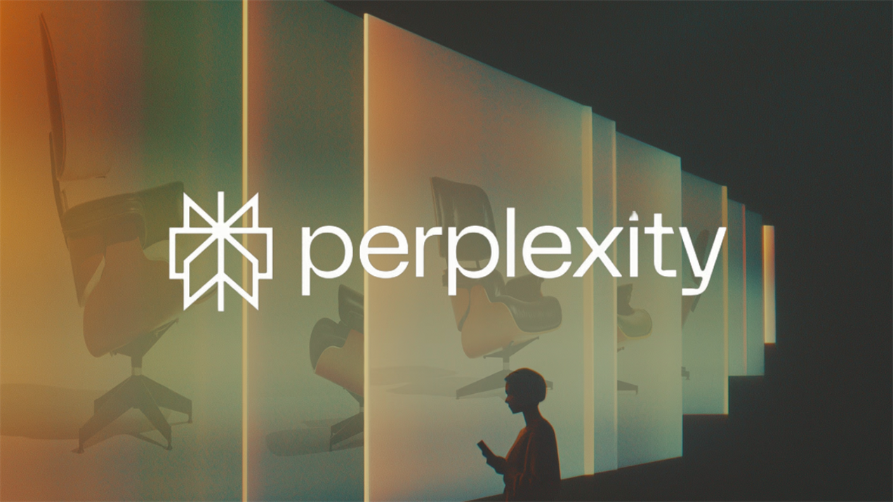 Perplexity AI logo displayed over a stylized background of modern chairs and a silhouetted person holding a phone.
