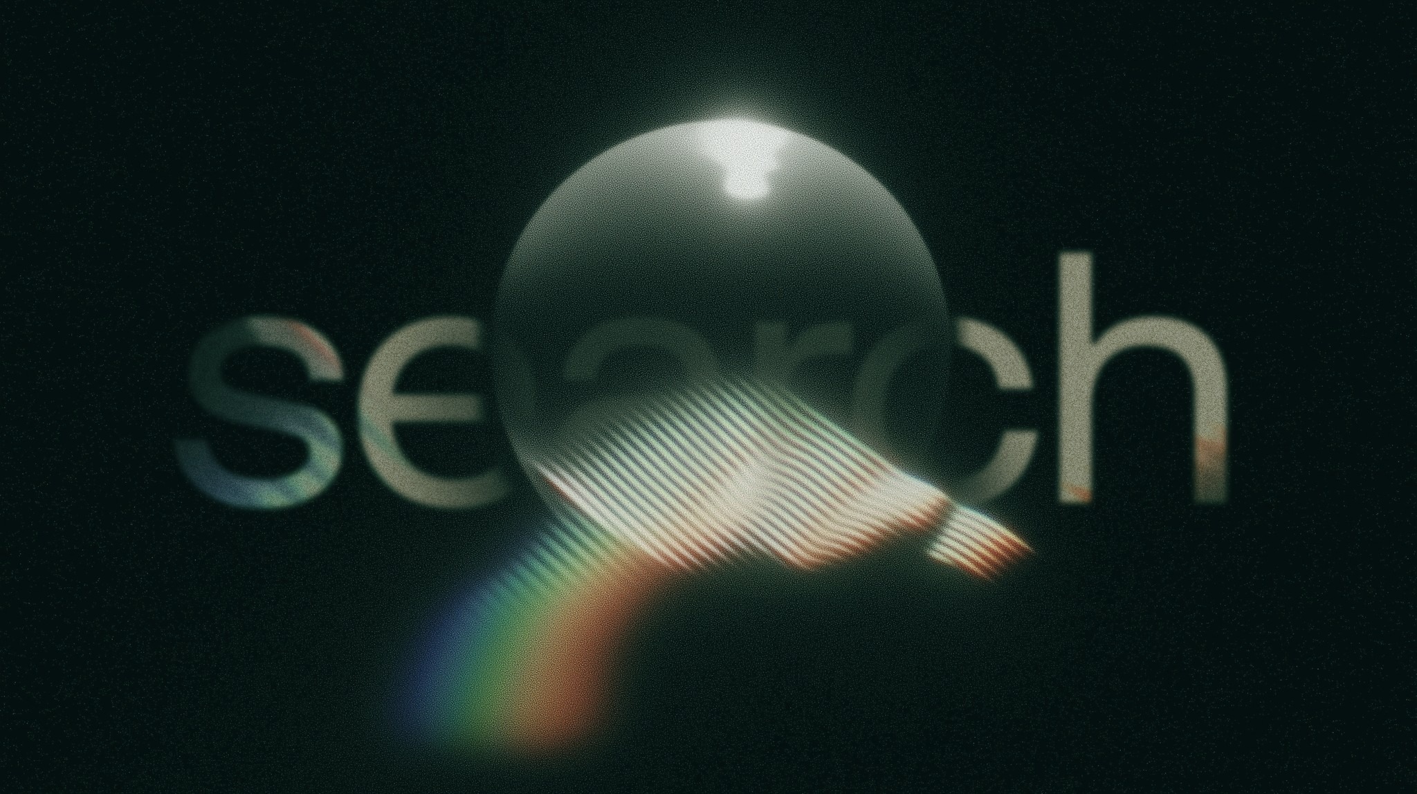 Abstract image showing the word “search” partially obscured by a glowing sphere and refracted rainbow light, symbolizing AI-powered discovery.