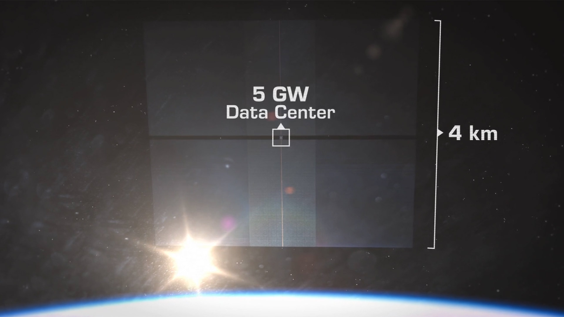 StarCloud’s 5GW Orbital Data Center – Tumisang Bogwasi Satellite view of a massive 4-kilometer-wide StarCloud data center in orbit, labeled “5 GW Data Center” with the sun rising behind Earth.