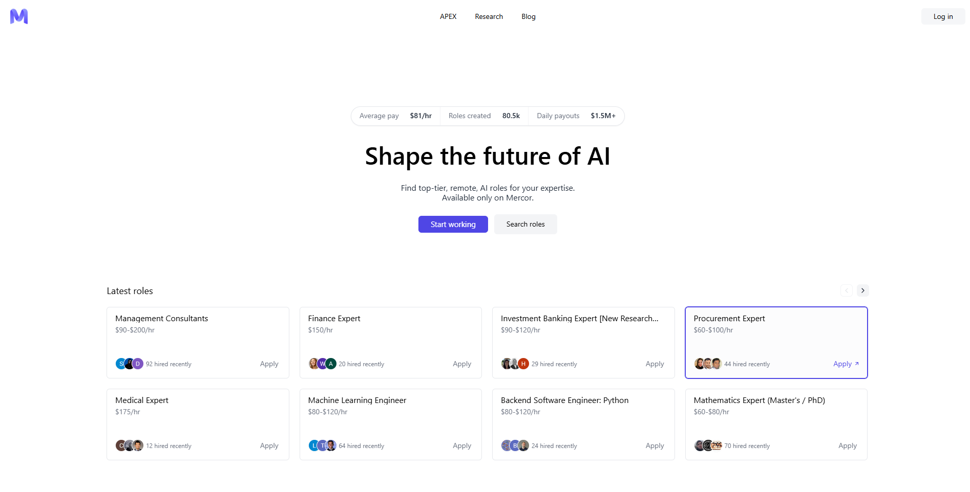 Mercor Platform Interface Shaping the Future of AI Work – Tumisang Bogwasi Mercor homepage user interface showing AI-focused remote roles, average pay statistics, and role listings across consulting, engineering, finance, and research.