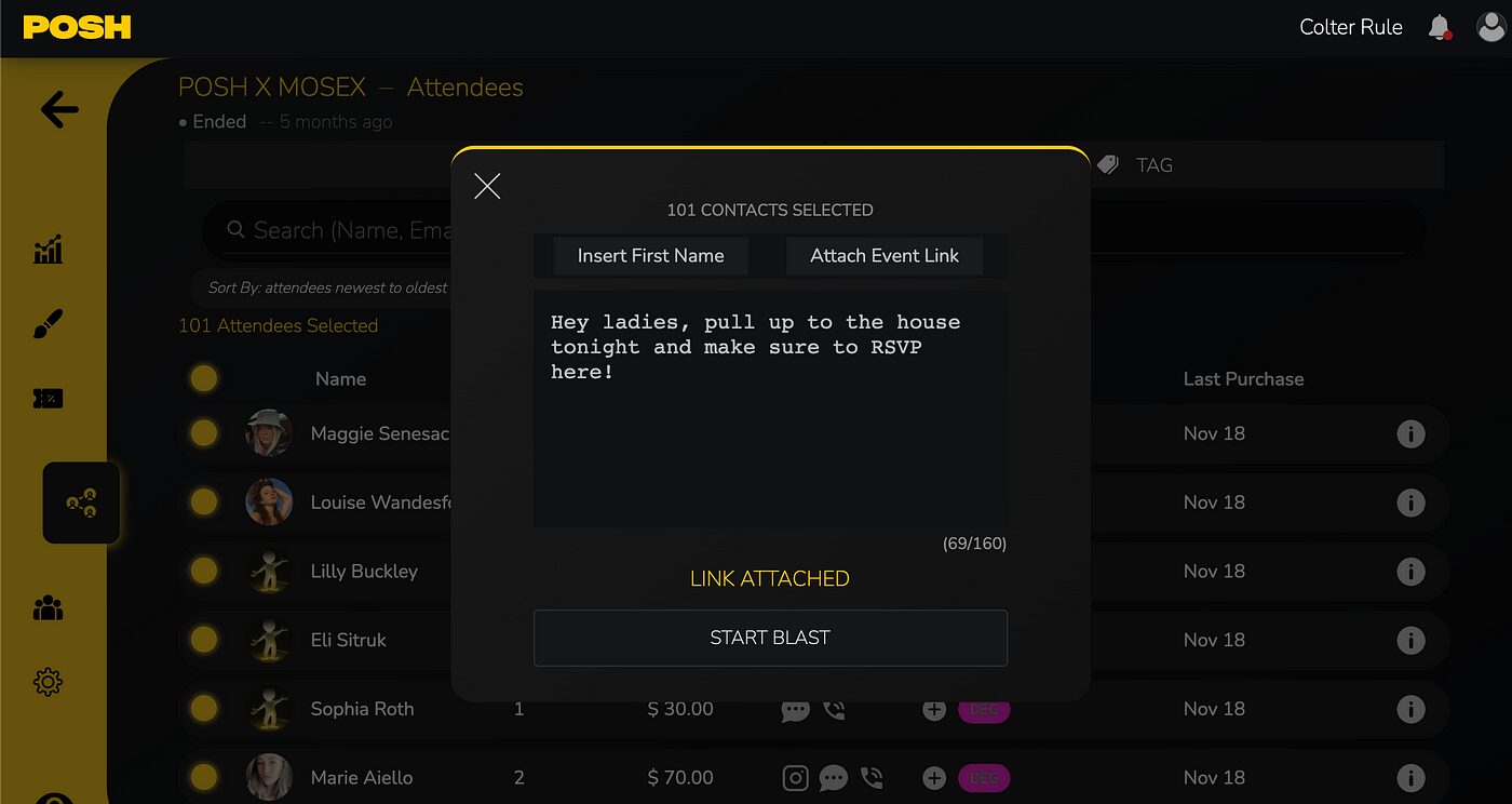 POSH Attendee Blast Messaging Interface – Tumisang Bogwasi Screenshot of POSH's attendee messaging feature showing a message blast window with selected contacts and event link attachment.