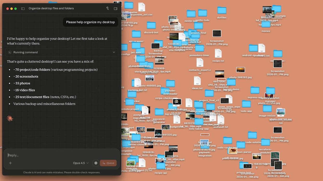 A cluttered computer desktop filled with numerous folders, screenshots, photos, and files, alongside an AI chat window offering to help organize the desktop.