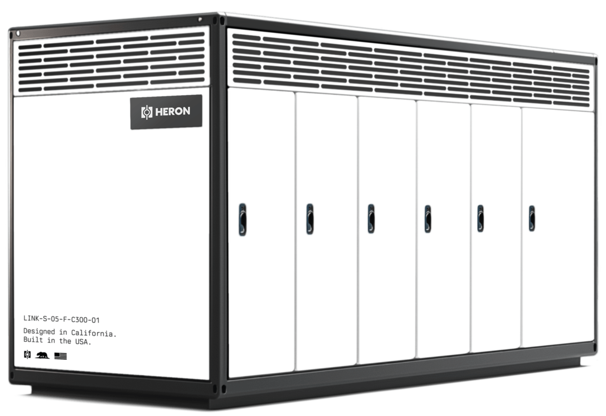 Heron LINK Energy Storage System – Tumisang Bogwasi A large white and black Heron LINK energy storage unit with multiple front access panels and ventilation grilles, labeled “Designed in California. Built in the USA.”