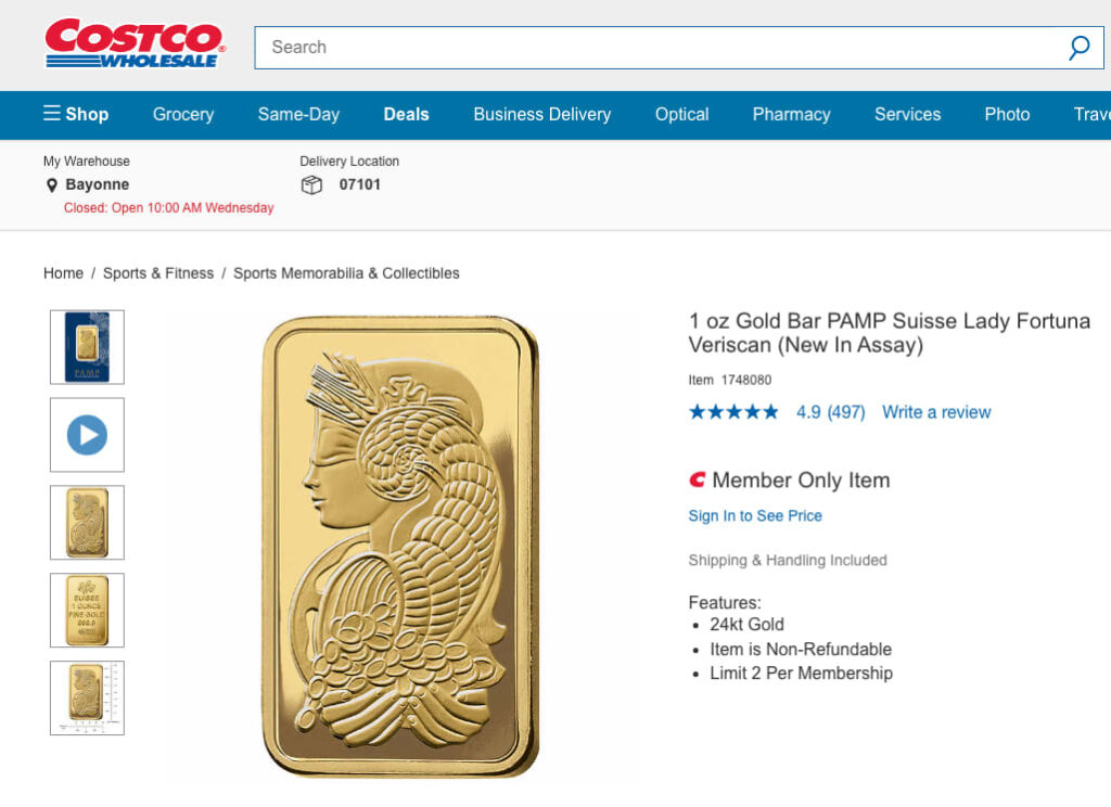 Costco website product page displaying a 1 oz PAMP Suisse Lady Fortuna gold bar with product images, rating, and member-only purchase details.