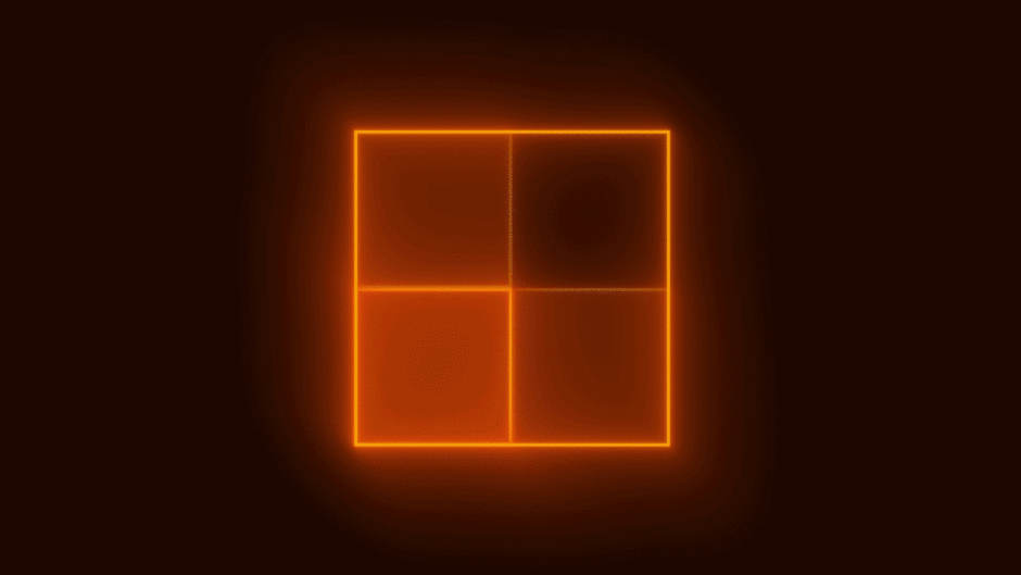 Animated neon square divided into four equal sections glowing orange on a dark background.