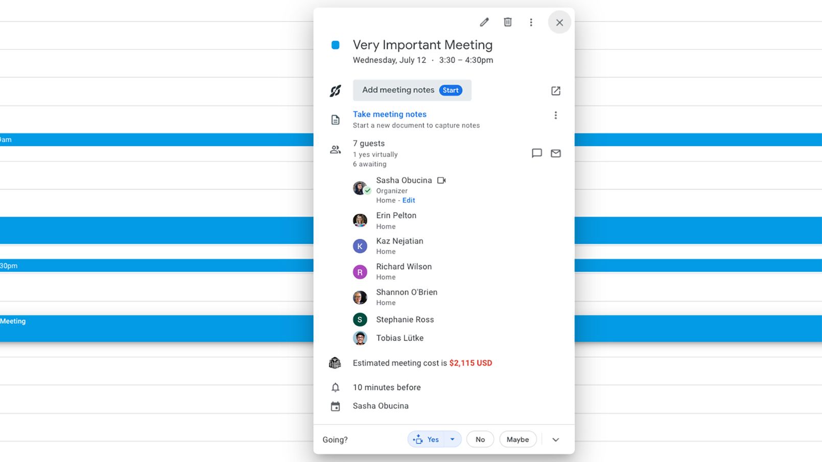 Shopify Meeting Cost Estimation Tool – Tumisang Bogwasi Calendar event window displaying a meeting titled “Very Important Meeting” with participants listed and an estimated meeting cost of