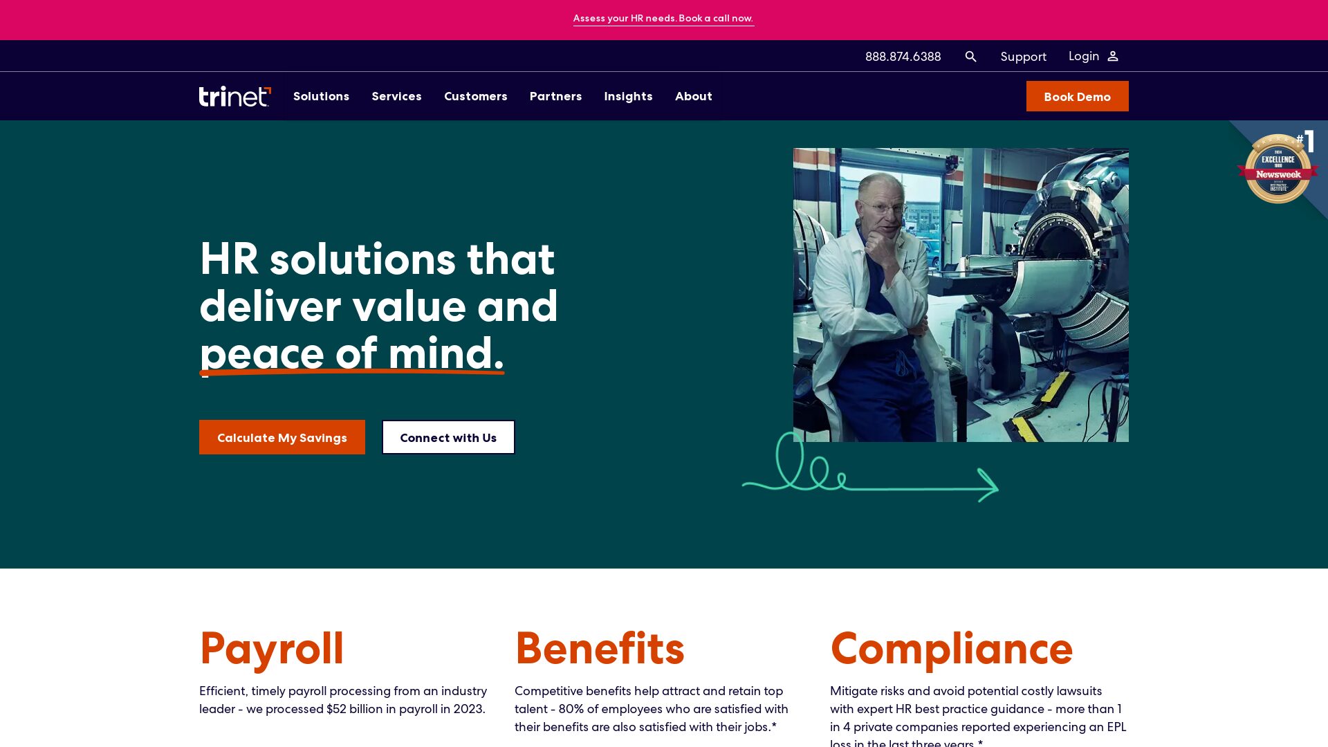 TriNet Homepage HR Solutions – Tumisang Bogwasi Screenshot of the TriNet homepage featuring the headline “HR solutions that deliver value and peace of mind,” with navigation links, call-to-action buttons, and sections for Payroll, Benefits, and Compliance.